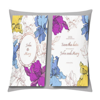 Personality  Vector Blue, Purple And Yellow Iris Botanical Flower. Engraved Ink Art. Wedding Background Card Floral Decorative Border. Thank You, Rsvp, Invitation Elegant Card Illustration Graphic Set Banner. Pillow Covers