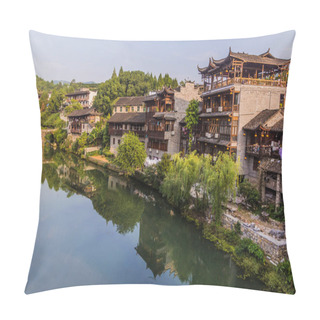 Personality  Traditional Houses Reflecting In A River In Furong Zhen Town, Hunan Province, China Pillow Covers
