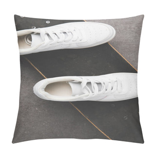 Personality  Top View Of White Sneakers On Skateboard On Concrete Surface Pillow Covers