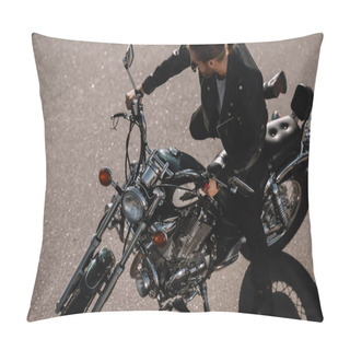 Personality  Biker Sitting On Vintage Chopper Motorcycle On Asphalt Road Pillow Covers