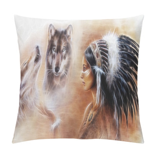 Personality  Beautiful Airbrush Painting Of A Young Indian Woman Wearing A Gorgeous Feather Headdress, With An Image Of Two Wolfs Spirits Hovering Above Her Palm Pillow Covers