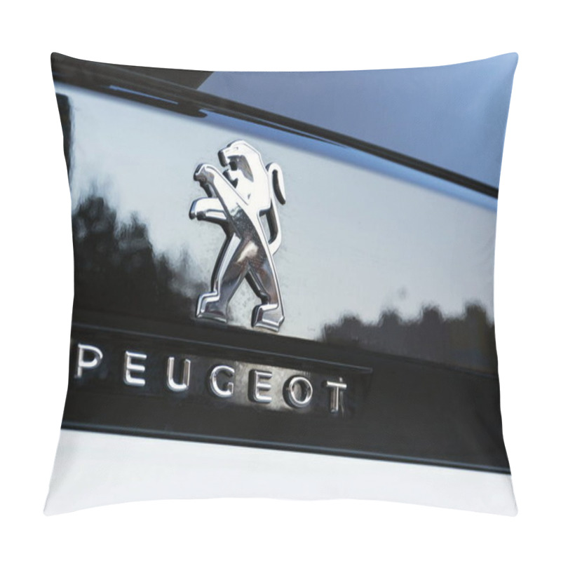 Personality  PRAGUE, CZECH REPUBLIC - MARCH 29 2018: Peugeot Company Logo On Silver Car On March 29, 2018 In Prague, Czech Republic. Pillow Covers