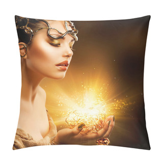 Personality  Fashion Girl Portrait. Golden Makeup Pillow Covers
