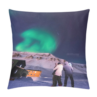 Personality  The Polar Arctic Northern Lights Aurora Borealis Sky Star In Norway Svalbard In Longyearbyen City Man People Mountains Pillow Covers