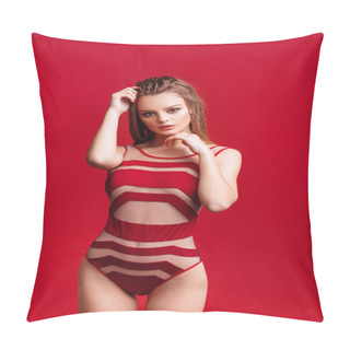 Personality  Pretty Bikini Model In Studio On Red Background Pillow Covers