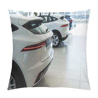 Personality  Selective Focus Of White Shiny Cars In Car Showroom  Pillow Covers