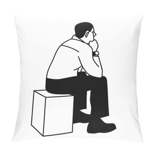 Personality  Man Sitting On Box. View From The Back. Black Lines Isolated On White Background. Concept. Vector Illustration Of Serious Man Sitting On Cube Putting Elbows On His Knees In Simple Sketch Style. Pillow Covers