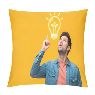 Personality  Confused Handsome Man Pointing With Finger At Light Bulb Illustration Isolated On Yellow Pillow Covers