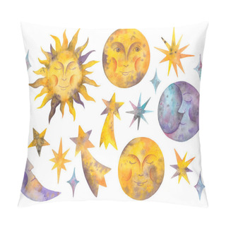 Personality  Watercolor Sun, Moon,  Stars And Celestial Bodies. Isolated Elements On A White Background Pillow Covers