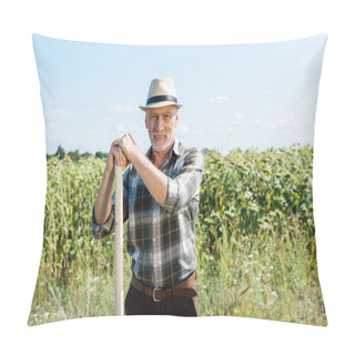 Personality  Happy Farmer Holding Rake And Smiling In Field  Pillow Covers
