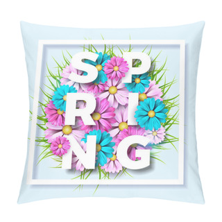 Personality  Vector Illustration On A Spring Nature Theme With Beautiful Colorful Flower On Blue Background. Floral Design Template With Typography Letter. Pillow Covers