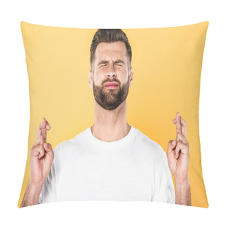 Personality  Handsome Man In White T-shirt With Crossed Fingers Isolated On Yellow Pillow Covers