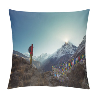 Personality  Tourist Man Watching Sunrise In Mountains  Pillow Covers