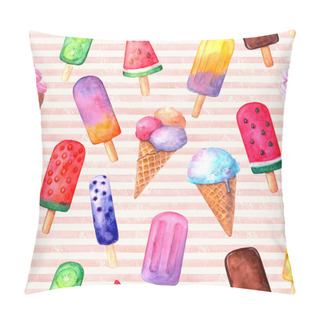 Personality  Retro Style Seamless Pattern. Watercolor Hand Drawn Pink Striped Old Grunge Texture With Multicolor Ice Cream. Watercolour Print For Cloth Design, Textile, Fabric, Wallpaper, Wrapping Paper. Pillow Covers
