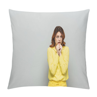 Personality  Worried Woman In Yellow Shirt Holding Hands Near Face While Looking Away On Grey Pillow Covers