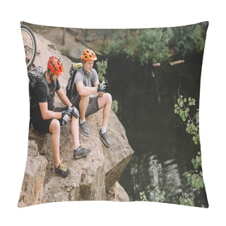 Personality  High Angle View Of Friends Cyclists With Backpacks Resting With Sport Bottle Of Water On Rocky Cliff Near River In Forest Pillow Covers