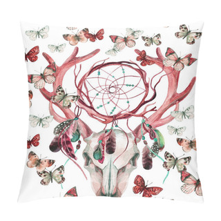 Personality  Deer Skull Seamless Pattern. Animal Skull With Dreamcather And Butterfly. Pillow Covers
