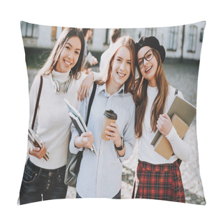 Personality  Best Friend Forever. Girls. Happy Together. Students. Courtyard. Books. Standing. Good Mood. University. Knowledge. Architecture. Happiness. Celebration. Campus. Friends. Happy. Intelligence. Pillow Covers