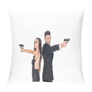 Personality  Couple Of Secret Agents In Black Clothes Aiming With Weapon, Isolated On White Pillow Covers