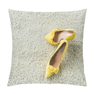 Personality  Top View Of Stylish Yellow High Heels On Carpet Pillow Covers