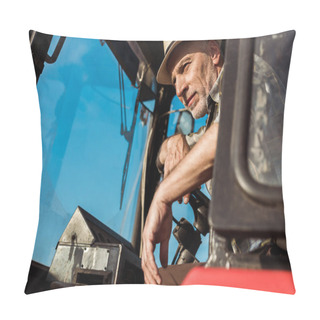 Personality  Low Angle View Of Senior Farmer Touching Steering Wheel In Tractor  Pillow Covers