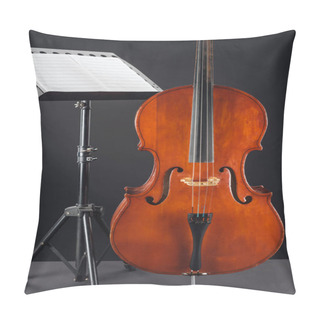 Personality  Classic Wooden Double Bass Near Opened Music Book On Stand On Black Background Pillow Covers