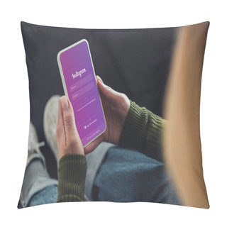 Personality  Cropped View Of Woman Holding Smartphone With Instagram App On Screen  Pillow Covers