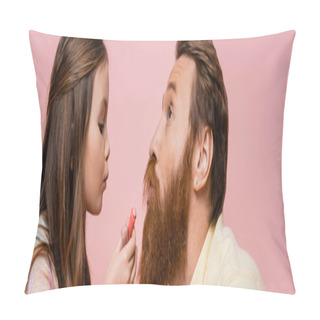Personality  Preteen Girl Holding Lipstick Near Bearded Father Isolated On Pink, Banner  Pillow Covers