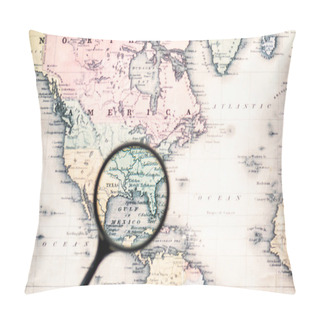 Personality  Top View Of Magnifying Glass On World Map Over Gulf Mexico Pillow Covers