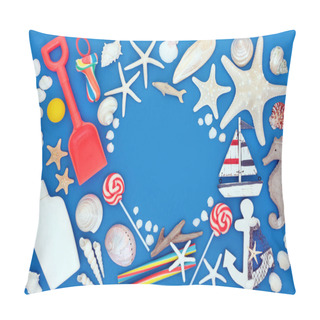 Personality  Summer Holiday Beach And Seaside Items And Symbols With Seashells, Toys, Rock Candy And Suntan Protection Lotion. Summer Holiday Themed Concept On Blue Background With Copy Space.  Pillow Covers