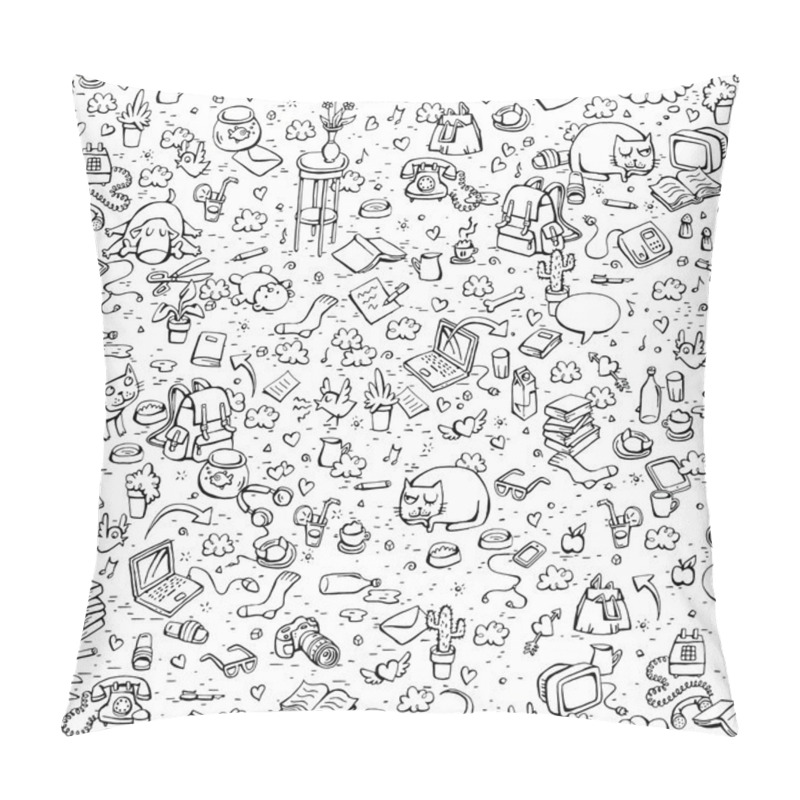 Personality  Technological Everyday Objects seamless pattern in black and whi pillow covers