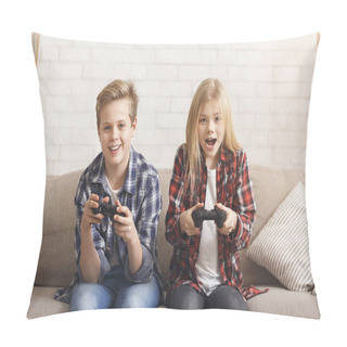 Personality  Cute Brother And Sister Playing Video Game Sitting On Couch Pillow Covers