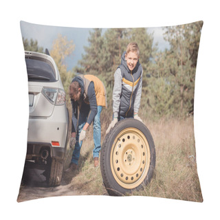 Personality  Father And Son Changing Car Wheel Pillow Covers