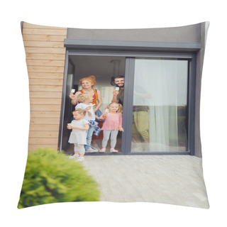Personality  Delighted Positive Family Standing At The Door Pillow Covers