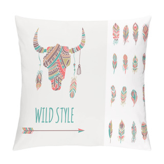 Personality  Bohemian Style Bull Skull Poster With Set Of Feathers Pillow Covers