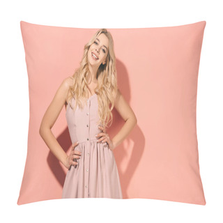 Personality  Blonde And Beautiful Woman With Hands On Hips In Pink Dress Smiling And Looking At Camera  Pillow Covers