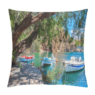 Personality  Boats On Lake Voulismeni. Agios Nikolaos, Crete, Greece Pillow Covers
