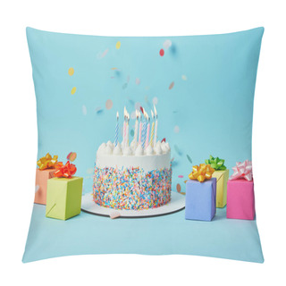 Personality  Tasty Cake With Candles, Colorful Gifts And Confetti On Blue Background Pillow Covers