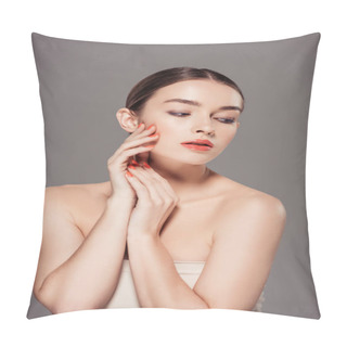 Personality  Beautiful Stylish Girl Touching Face, Looking Away And Posing Isolated On Grey Pillow Covers