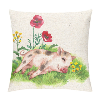 Personality  Hand Drawn Cute Miniature Pig Resting On Green Grass Near Wildflowers. Vintage Card With Watercolor Flowers And Funny Animal. Pillow Covers