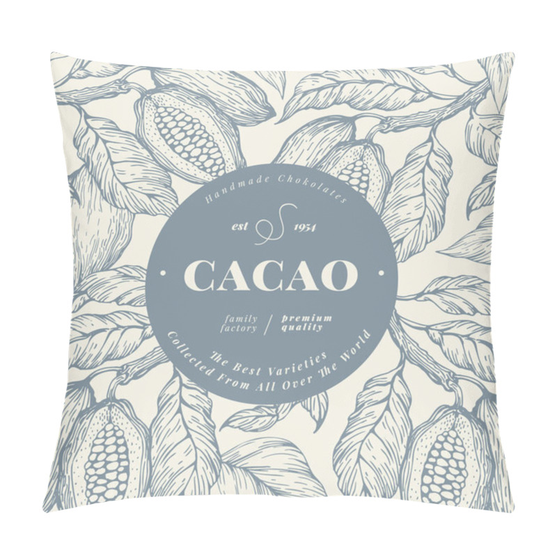 Personality  Cocoa bean tree banner template. Chocolate cocoa beans background. Vector hand drawn illustration. Vintage style illustration. pillow covers