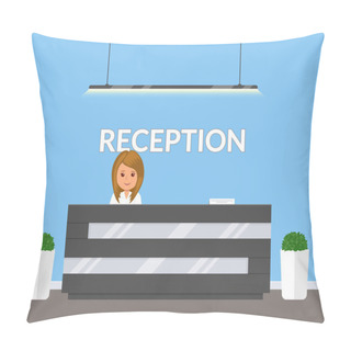 Personality  Reception In Modern Office. Business Office, Clinic Or Hotel Interior In Blue Colors With Flowers And Reception Desk. Interior Lobby Or Waiting Room Inside Building. Vector Illustration In Flat Style. Pillow Covers