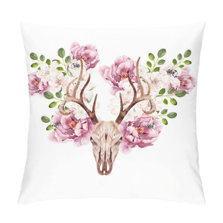 Personality  Beautiful Watercolor Deer Skull With Peony Flowers.  Pillow Covers