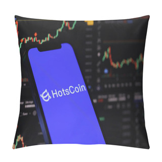 Personality  KYIV, UKRAINE - MARCH 15, 2024 Hotscoin Logo On IPhone Display Screen And Crypto Currency Value Charts. Cryptocurrency Exchange Portal Pillow Covers