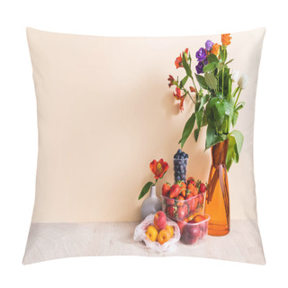 Personality  Floral And Fruit Composition With Bouquet In Vase And Summer Fruits On Wooden Surface On Beige Background Pillow Covers