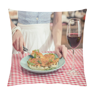 Personality  Cropped Shot Of Housewife Serving Freshly Baked Mushroom Cake At Kitchen Pillow Covers