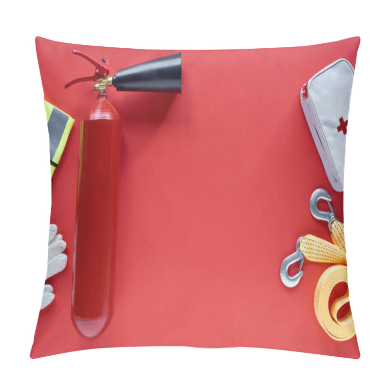 Personality  Flat Lay With Fire Extinguisher, First Aid Kit And Automotive Accessories On Red Background Pillow Covers