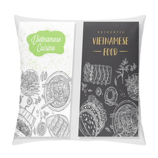 Personality  Vietnamese Food Flyer Design. Linear Graphic. Vector Illustration. Engraved Style. Pillow Covers
