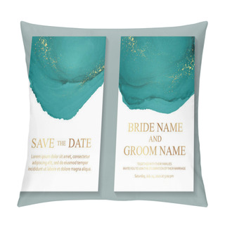 Personality  Modern Abstract Luxury Wedding Invitation Design Or Card Templates For Birthday Greeting Or Certificate Or Cover With Green Watercolor Waves Or Fluid Art In Alcohol Ink Style With Gold On A White. Pillow Covers