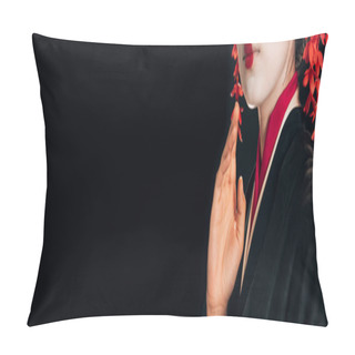 Personality  Partial View Of Beautiful Geisha In Black And Red Kimono Waving Hand Isolated On Black, Panoramic Shot Pillow Covers